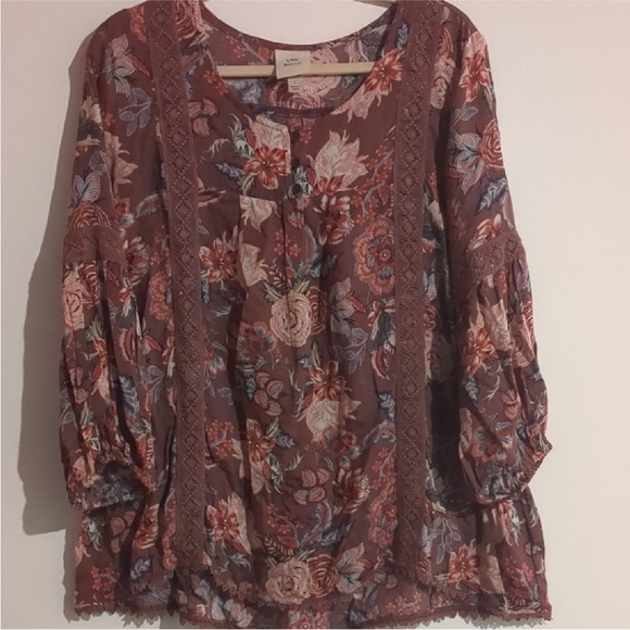 Knox Rose Tops - Knox Rose Floral Blouse with Lace - Brown and Blue